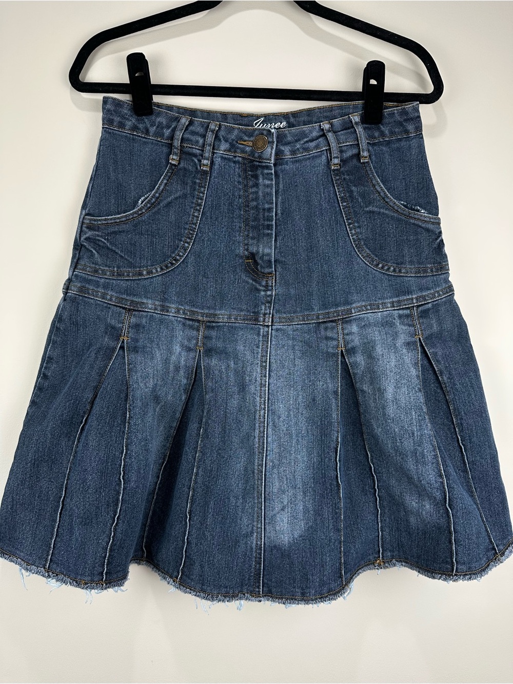 Junee Y2K Dark Wash Pleated Denim Midi Skirt High Waisted Jean Grunge Punk Indie